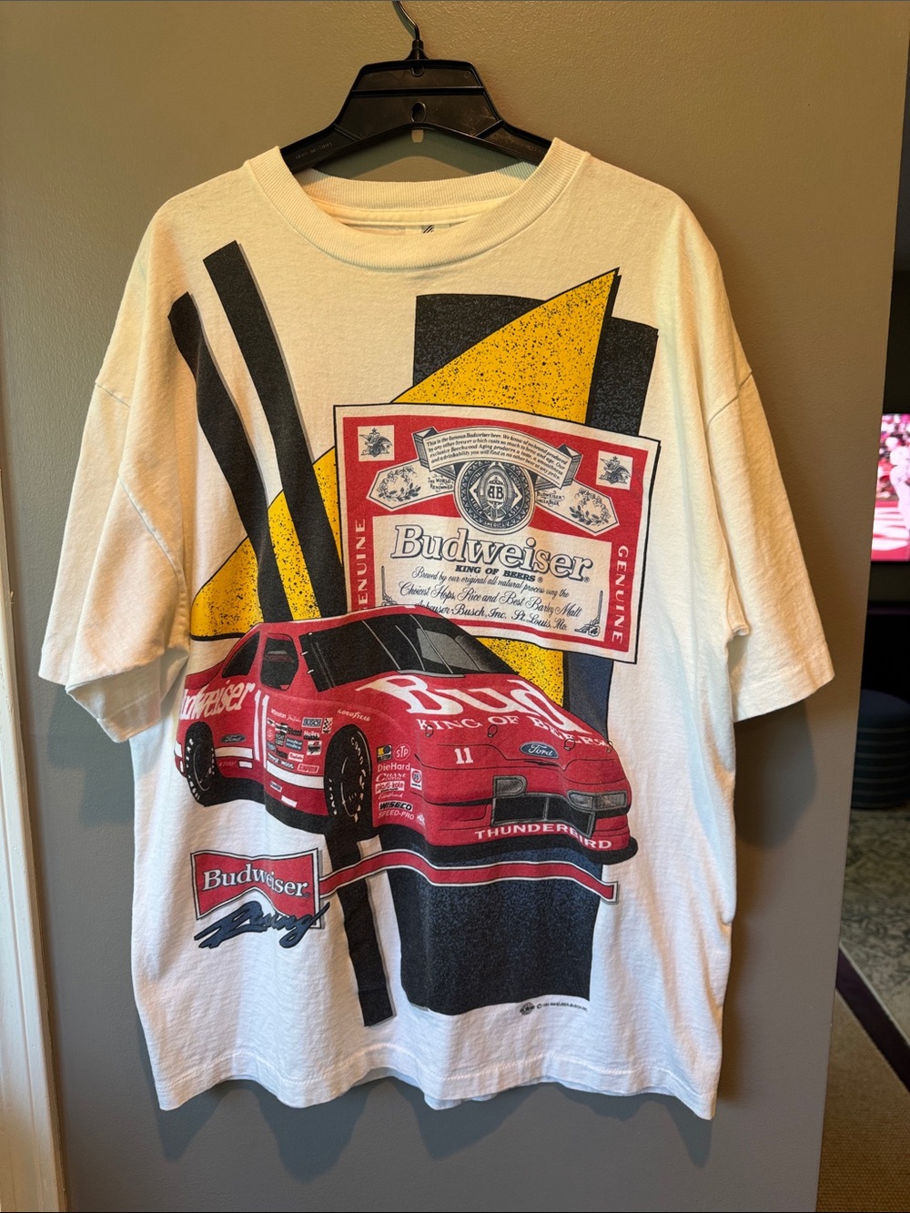 Vintage Budweiser White Mens Racing Graphic Tee with Red Car
